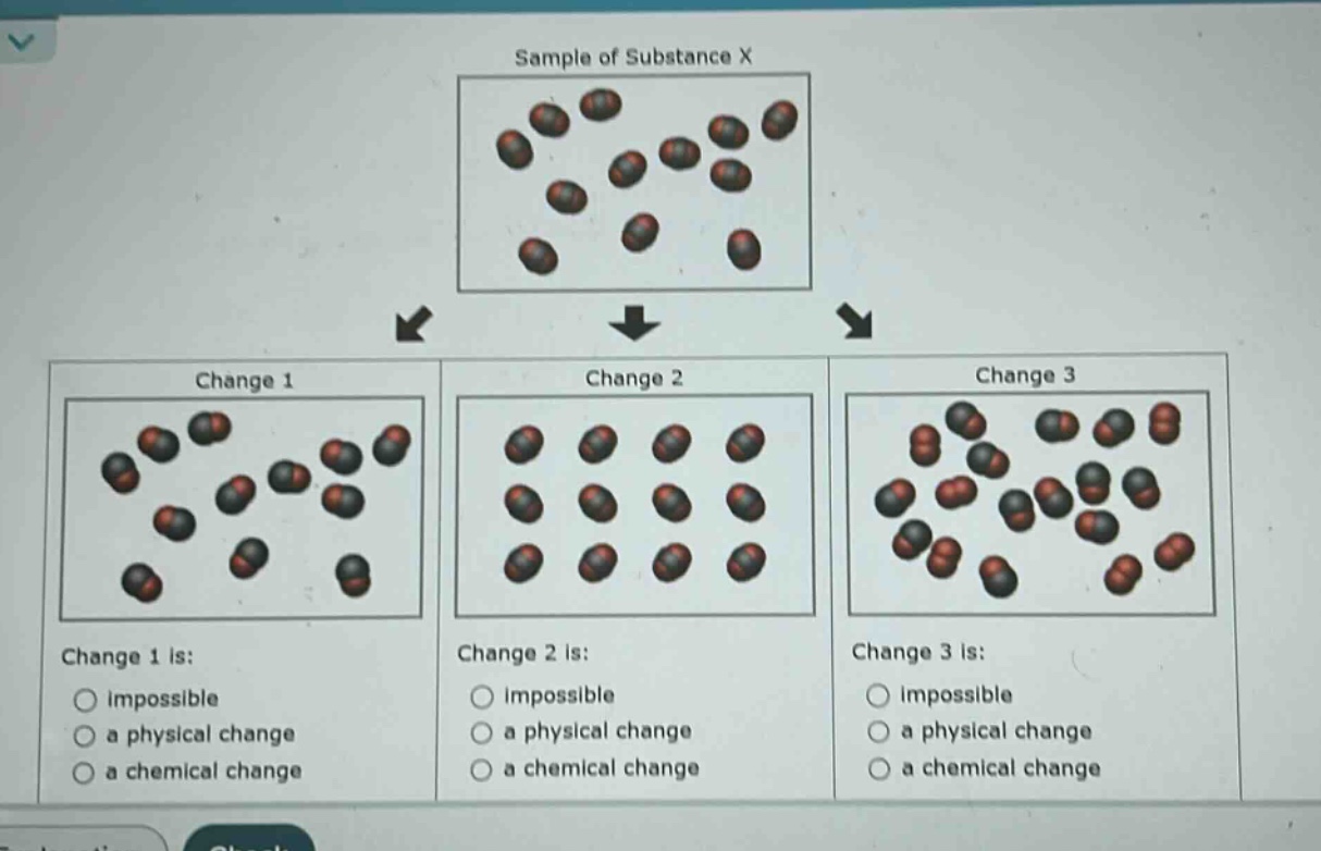 sample of substance x\nchange 1\nchange 2\nchange 3\nchange 1 is:\nimpossible\na physical change\na chemical change\nchange 2 is:\nimpossible\na physical change\na chemical change\nchange 3 is:\nimpossible\na physical change\na chemical change