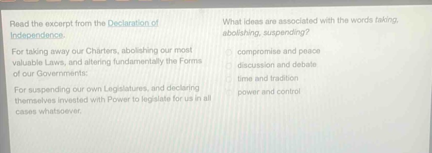 read the excerpt from the declaration of independence. for taking away our charters, abolishing our most valuable laws, and altering fundamentally the forms of our governments: for suspending our own legislatures, and declaring themselves invested with power to legislate for us in all cases whatsoever. what ideas are associated with the words taking, abolishing, suspending? compromise and peace discussion and debate time and tradition power and control