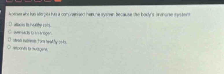 a person who has allergies has a compromised immune system because the bodys immune system\no attacks its healthy cells.\no overreacts to an antigen.\no steals nutrients from healthy cells.\no responds to mutagens.