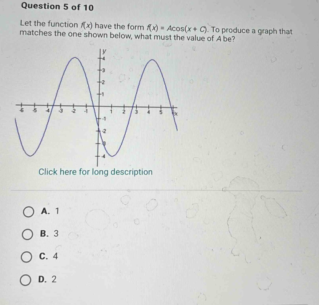 question 5 of 10 let the function f(x) have the form f(x) = acos(x + c). to produce a graph that matches the one shown below, what must the value of a be? click here for long description a. 1 b. 3 c. 4 d. 2