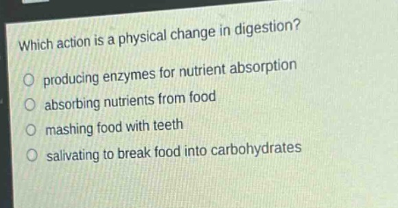 which action is a physical change in digestion? producing enzymes for nutrient absorption absorbing nutrients from food mashing food with teeth salivating to break food into carbohydrates