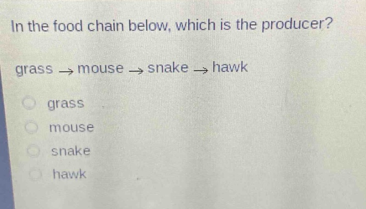 in the food chain below, which is the producer? grass → mouse → snake → hawk grass mouse snake hawk