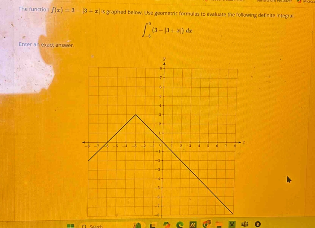 the function f(x)=3 - |3 + x| is graphed below. use geometric formulas to evaluate the following definite integral. ∫_{-6}^{0}(3 - |3 + x|) dx enter an exact answer.