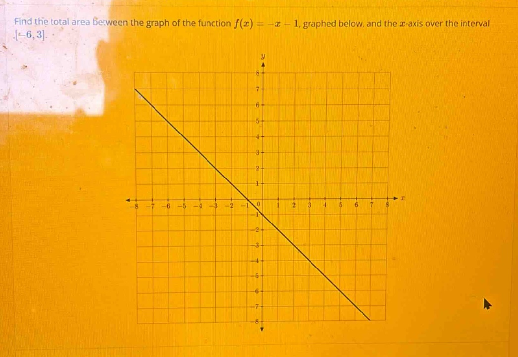find the total area between the graph of the function f(x)=−x−1, graphed below, and the x - axis over the interval -6,3.