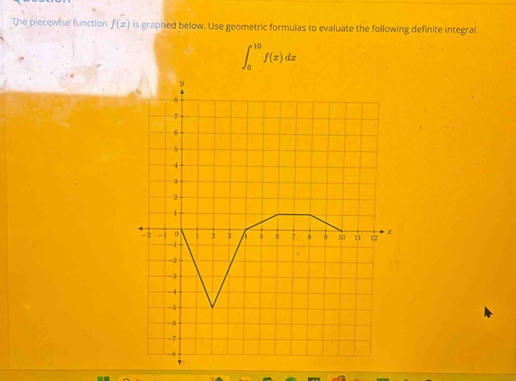 the piece - wise function f(x) is graphed below. use geometric formulas to evaluate the following definite integral. ∫₀¹⁰ f(x) dx