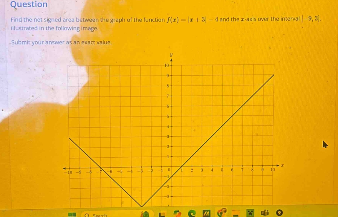 question find the net signed area between the graph of the function f(x)=|x + 3|-4 and the x - axis over the interval -9,3, illustrated in the following image. submit your answer as an exact value.