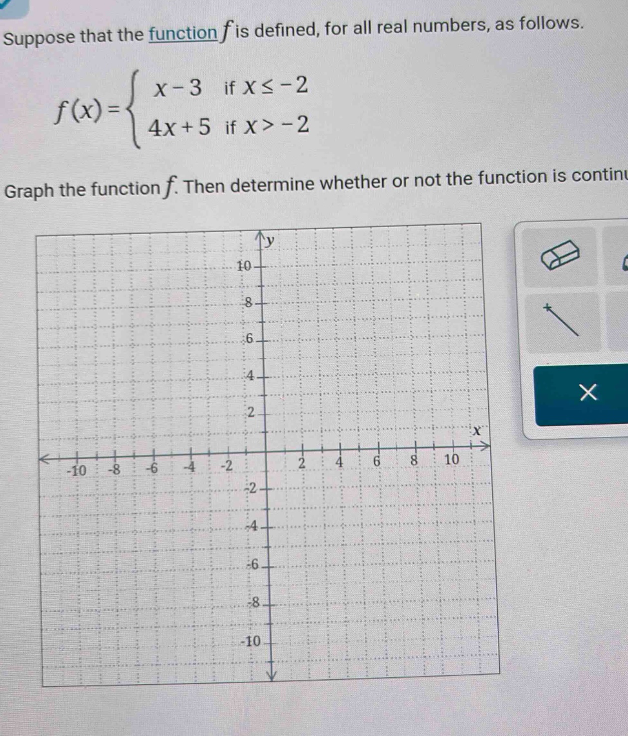 suppose that the function f is defined, for all real numbers, as follows. f(x) = { x - 3 if x ≤ -2; 4x + 5 if x > -2 } graph the function f. then determine whether or not the function is continuous