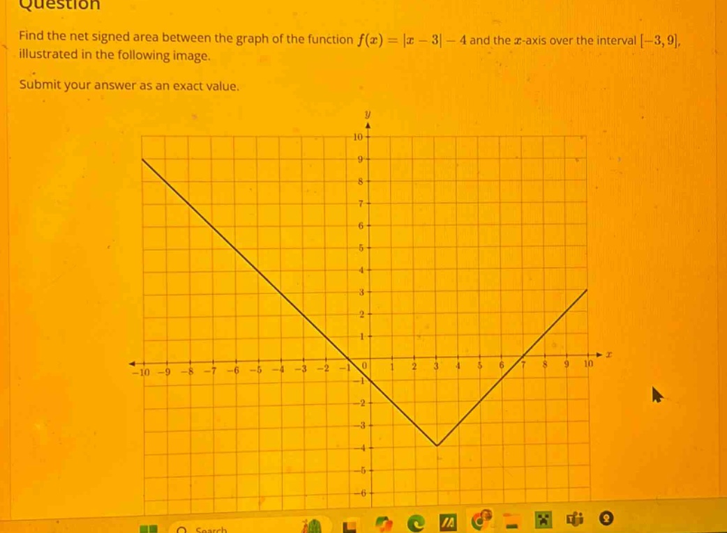 question find the net signed area between the graph of the function f(x)=|x - 3|-4 and the x - axis over the interval -3,9, illustrated in the following image. submit your answer as an exact value.