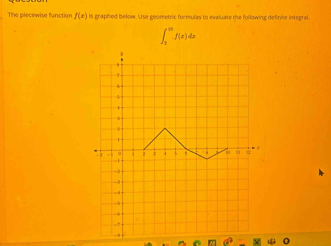 the piecewise function f(x) is graphed below. use geometric formulas to evaluate the following definite integral. ∫₂¹⁰ f(x) dx