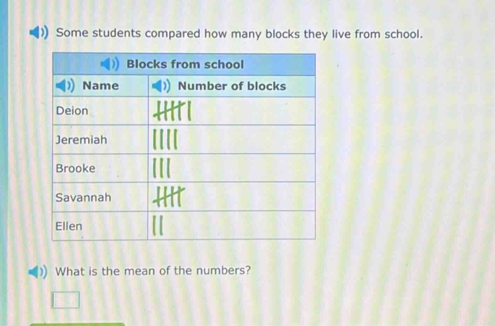 some students compared how many blocks they live from school. what is the mean of the numbers?