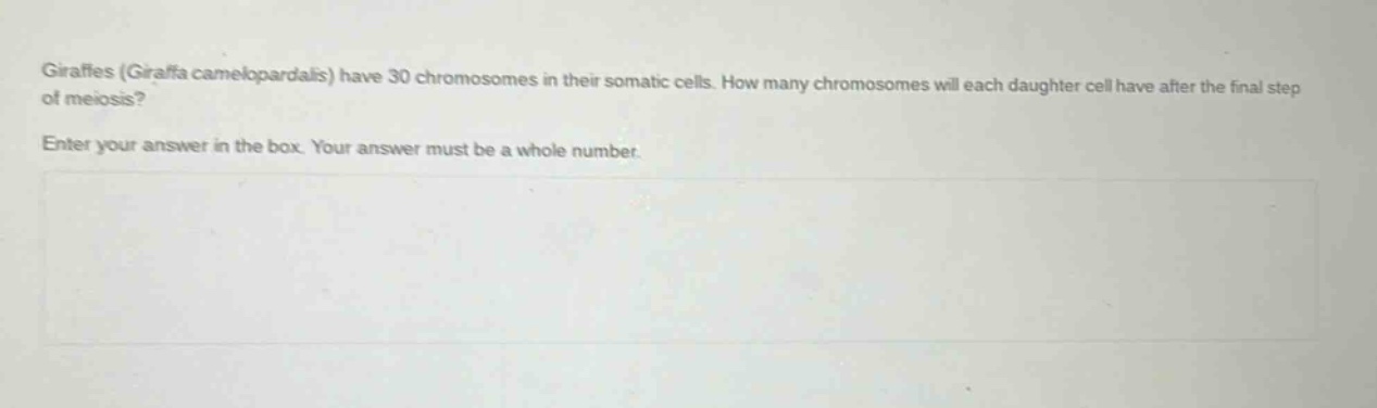 giraffes (giraffa camelopardalis) have 30 chromosomes in their somatic cells. how many chromosomes will each daughter cell have after the final step of meiosis? enter your answer in the box. your answer must be a whole number.