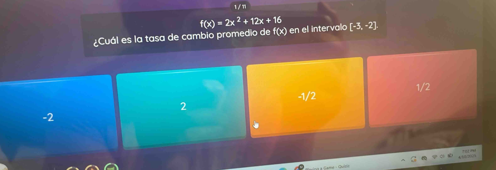 f(x) = 2x² + 12x + 16 ¿cuál es la tasa de cambio promedio de f(x) en el intervalo -3, -2.