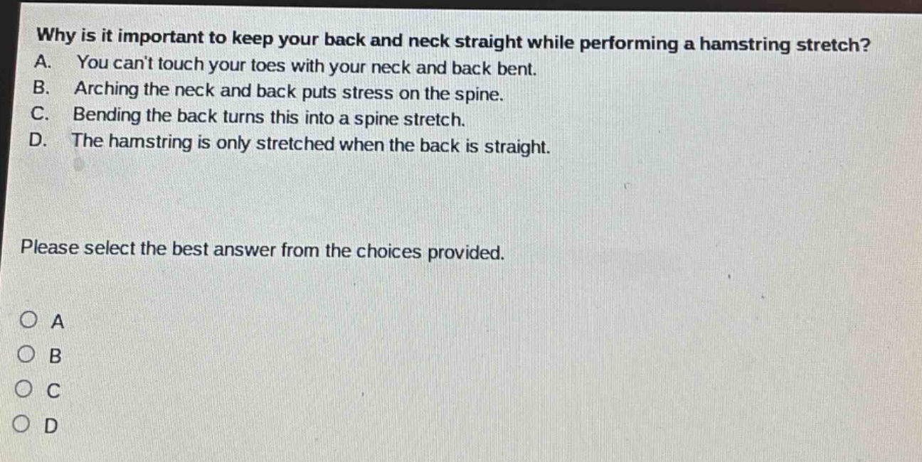 why is it important to keep your back and neck straight while performing a hamstring stretch? a. you cant touch your toes with your neck and back bent. b. arching the neck and back puts stress on the spine. c. bending the back turns this into a spine stretch. d. the hamstring is only stretched when the back is straight. please select the best answer from the choices provided. o a o b o c o d