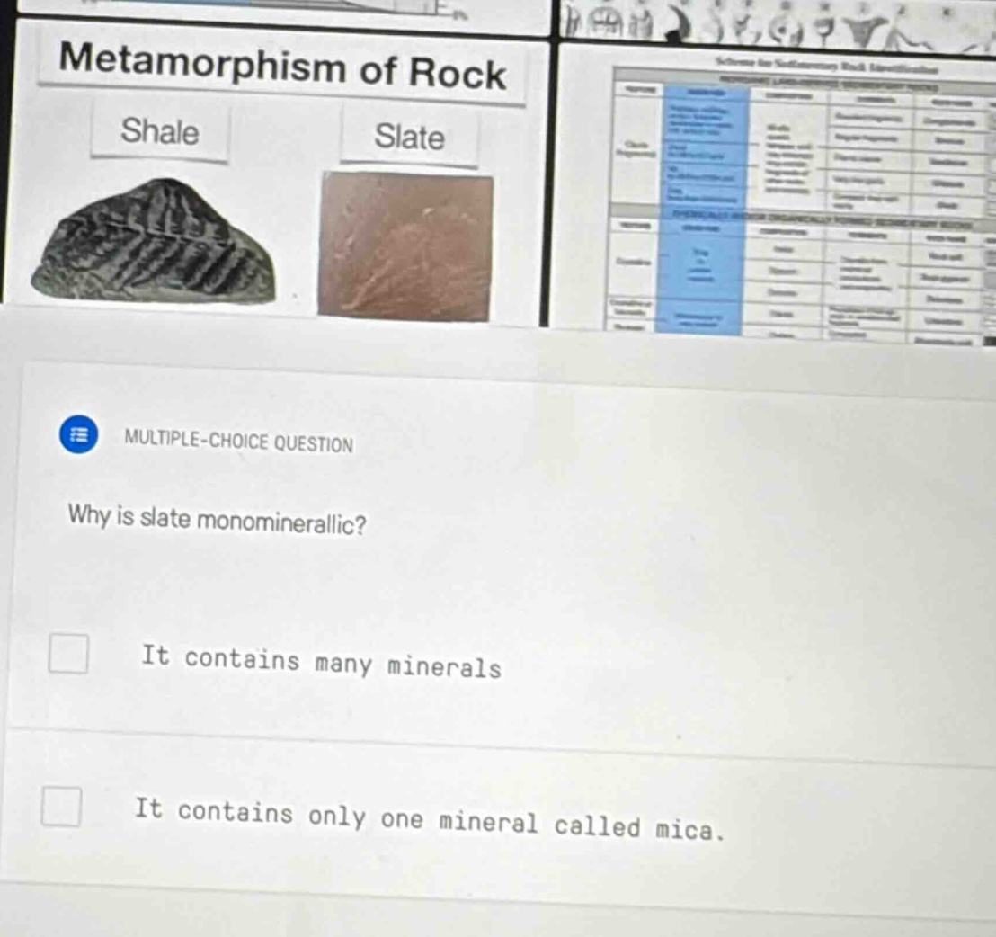 multiple - choice question why is slate monominerallic? it contains many minerals it contains only one mineral called mica.