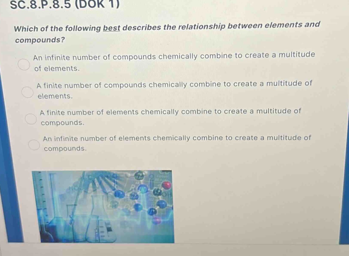 sc.8.p.8.5 (dok 1)\nwhich of the following best describes the relationship between elements and compounds?\nan infinite number of compounds chemically combine to create a multitude of elements.\na finite number of compounds chemically combine to create a multitude of elements.\na finite number of elements chemically combine to create a multitude of compounds.\nan infinite number of elements chemically combine to create a multitude of compounds.