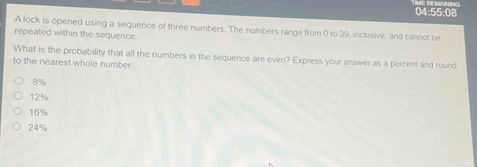 a lock is opened using a sequence of three numbers. the numbers range from 0 to 39, inclusive, and cannot be repeated within the sequence. what is the probability that all the numbers in the sequence are even? express your answer as a percent and round to the nearest whole number. 8% 12% 16% 24%