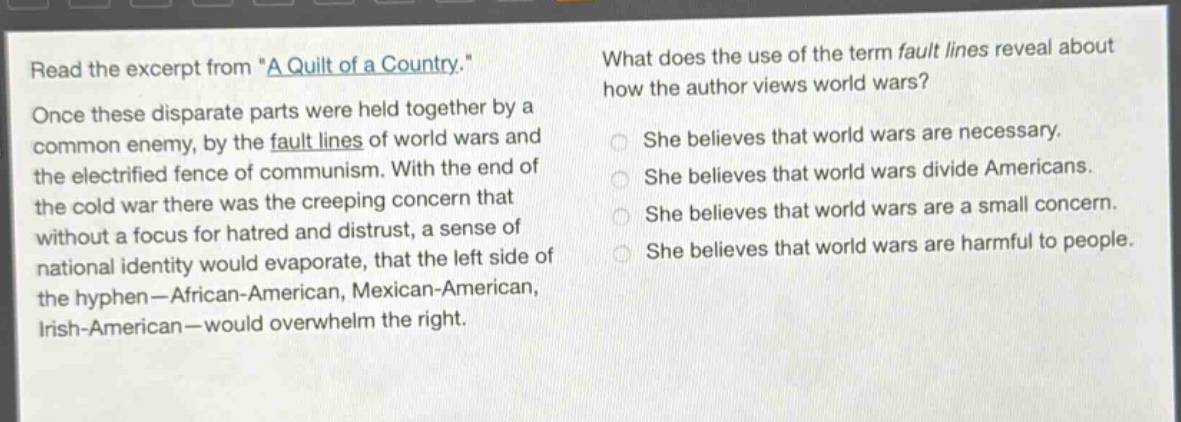 read the excerpt from \a quilt of a country.\ once these disparate parts were held together by a common enemy, by the fault lines of world wars and the electrified fence of communism. with the end of the cold war there was the creeping concern that without a focus for hatred and distrust, a sense of national identity would evaporate, that the left side of the hyphen—african - american, mexican - american, irish - american—would overwhelm the right. what does the use of the term fault lines reveal about how the author views world wars? she believes that world wars are necessary. she believes that world wars divide americans. she believes that world wars are a small concern. she believes that world wars are harmful to people.