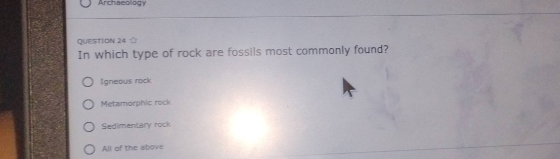 question 24 in which type of rock are fossils most commonly found? igneous rock metamorphic rock sedimentary rock all of the above