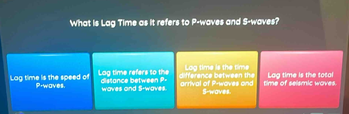 what is lag time as it refers to p - waves and s - waves? lag time is the speed of p - waves. lag time refers to the distance between p - waves and s - waves. lag time is the time difference between the arrival of p - waves and s - waves. lag time is the total time of seismic waves.
