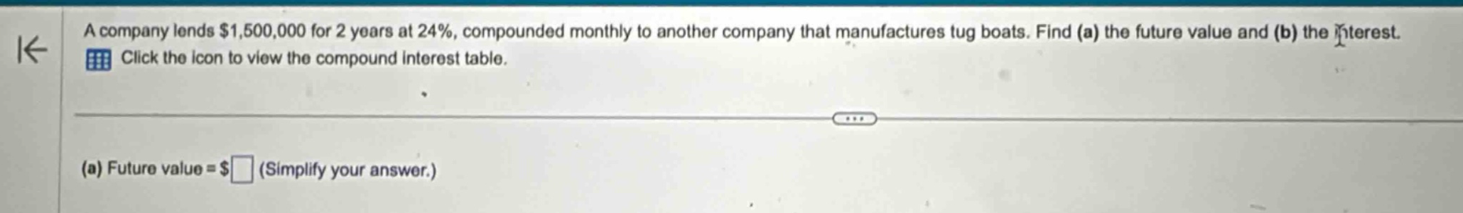 a company lends $1,500,000 for 2 years at 24%, compounded monthly to another company that manufactures tug boats. find (a) the future value and (b) the interest. click the icon to view the compound interest table. (a) future value = $ (simplify your answer.)
