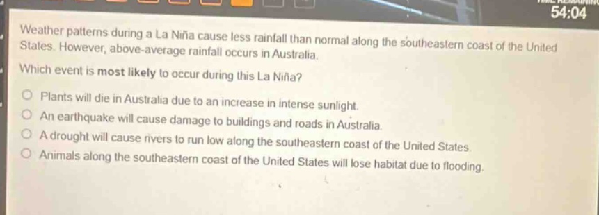 weather patterns during a la niña cause less rainfall than normal along the southeastern coast of the united states. however, above - average rainfall occurs in australia. which event is most likely to occur during this la niña? plants will die in australia due to an increase in intense sunlight. an earthquake will cause damage to buildings and roads in australia. a drought will cause rivers to run low along the southeastern coast of the united states. animals along the southeastern coast of the united states will lose habitat due to flooding.
