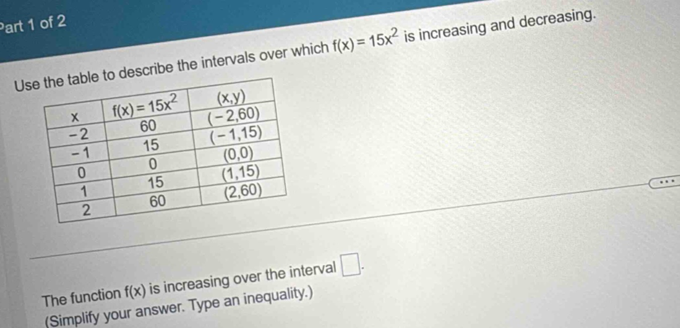 part 1 of 2 use the table to describe the intervals over which f(x)=15x² is increasing and decreasing. x f(x)=15x² (x,y) -2 60 (-2,60) -1 15 (-1,15) 0 0 (0,0) 1 15 (1,15) 2 60 (2,60) the function f(x) is increasing over the interval . (simplify your answer. type an inequality.)