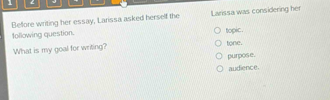 before writing her essay, larissa asked herself the following question. what is my goal for writing? larissa was considering her topic. tone. purpose. audience.