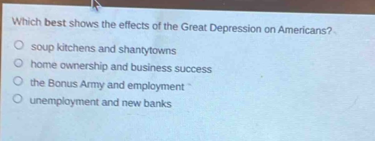 which best shows the effects of the great depression on americans?\no soup kitchens and shantytowns\no home ownership and business success\no the bonus army and employment\no unemployment and new banks