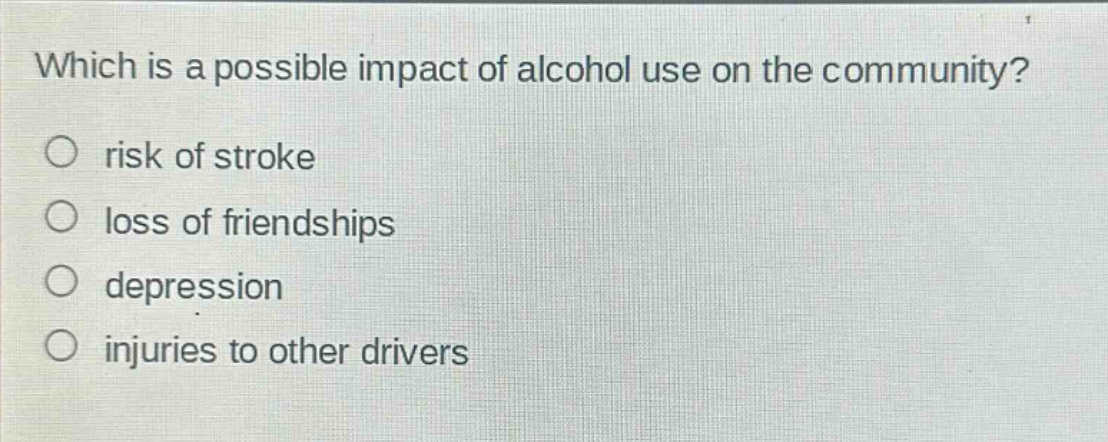 which is a possible impact of alcohol use on the community?\nrisk of stroke\nloss of friendships\ndepression\ninjuries to other drivers