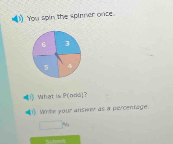 you spin the spinner once. what is p(odd)? write your answer as a percentage.