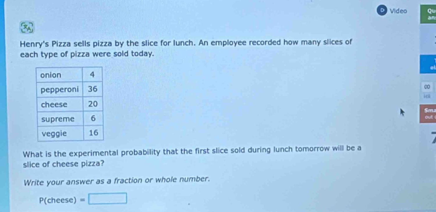 henrys pizza sells pizza by the slice for lunch. an employee recorded how many slices of each type of pizza were sold today. onion 4 pepperoni 36 cheese 20 supreme 6 veggie 16 what is the experimental probability that the first slice sold during lunch tomorrow will be a slice of cheese pizza? write your answer as a fraction or whole number. p(cheese) =