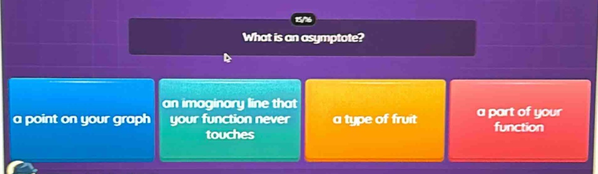 what is an asymptote? a point on your graph an imaginary line that your function never touches a type of fruit a part of your function