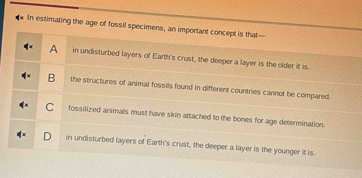 in estimating the age of fossil specimens, an important concept is that— a in undisturbed layers of earths crust, the deeper a layer is the older it is. b the structures of animal fossils found in different countries cannot be compared. c fossilized animals must have skin attached to the bones for age determination. d in undisturbed layers of earths crust, the deeper a layer is the younger it is.