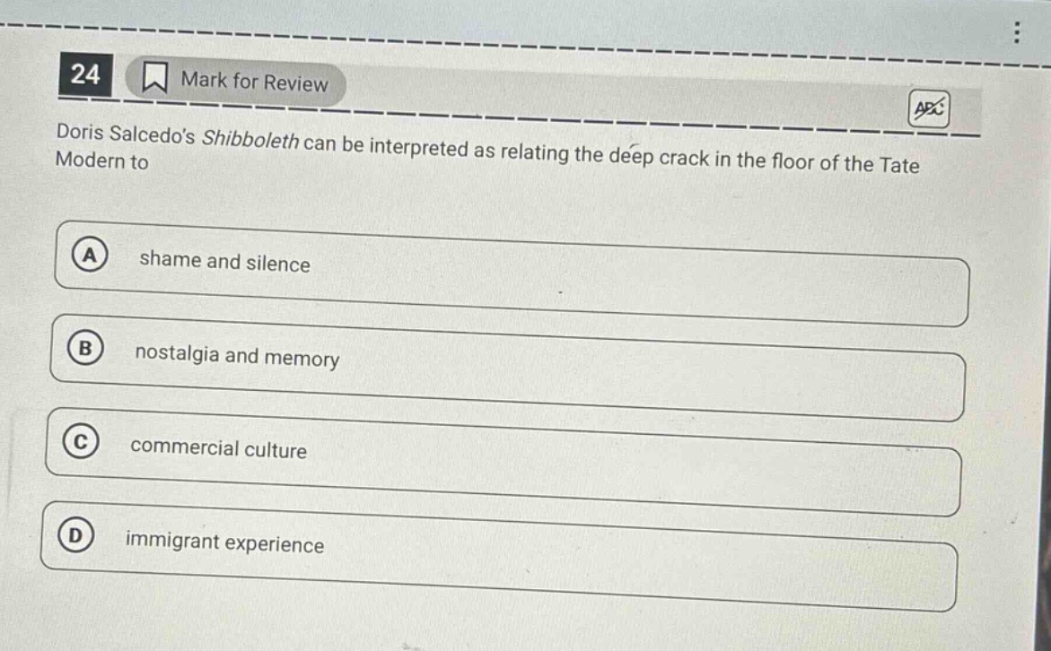 24 mark for review doris salcedos shibboleth can be interpreted as relating the deep crack in the floor of the tate modern to a shame and silence b nostalgia and memory c commercial culture d immigrant experience