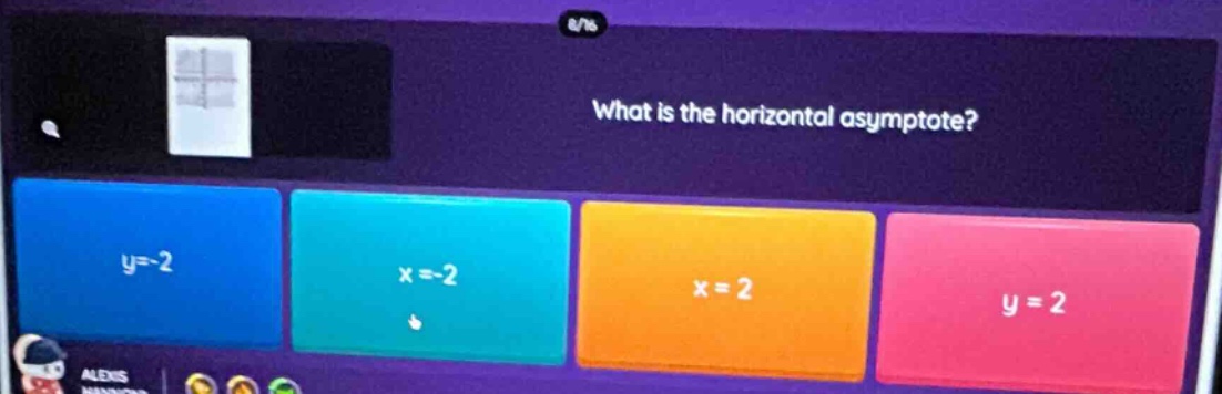 what is the horizontal asymptote? y=-2 x=-2 x = 2 y = 2