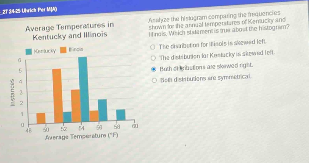 analyze the histogram comparing the frequencies shown for the annual temperatures of kentucky and illinois. which statement is true about the histogram? the distribution for illinois is skewed left. the distribution for kentucky is skewed left. both distributions are skewed right. both distributions are symmetrical.