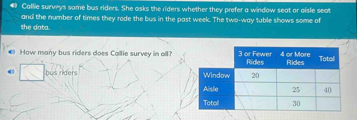 callie surveys some bus riders. she asks the riders whether they prefer a window seat or aisle seat and the number of times they rode the bus in the past week. the two - way table shows some of the data. how many bus riders does callie survey in all? bus riders 3 or fewer rides 4 or more rides total window 20 aisle 25 40 total 30