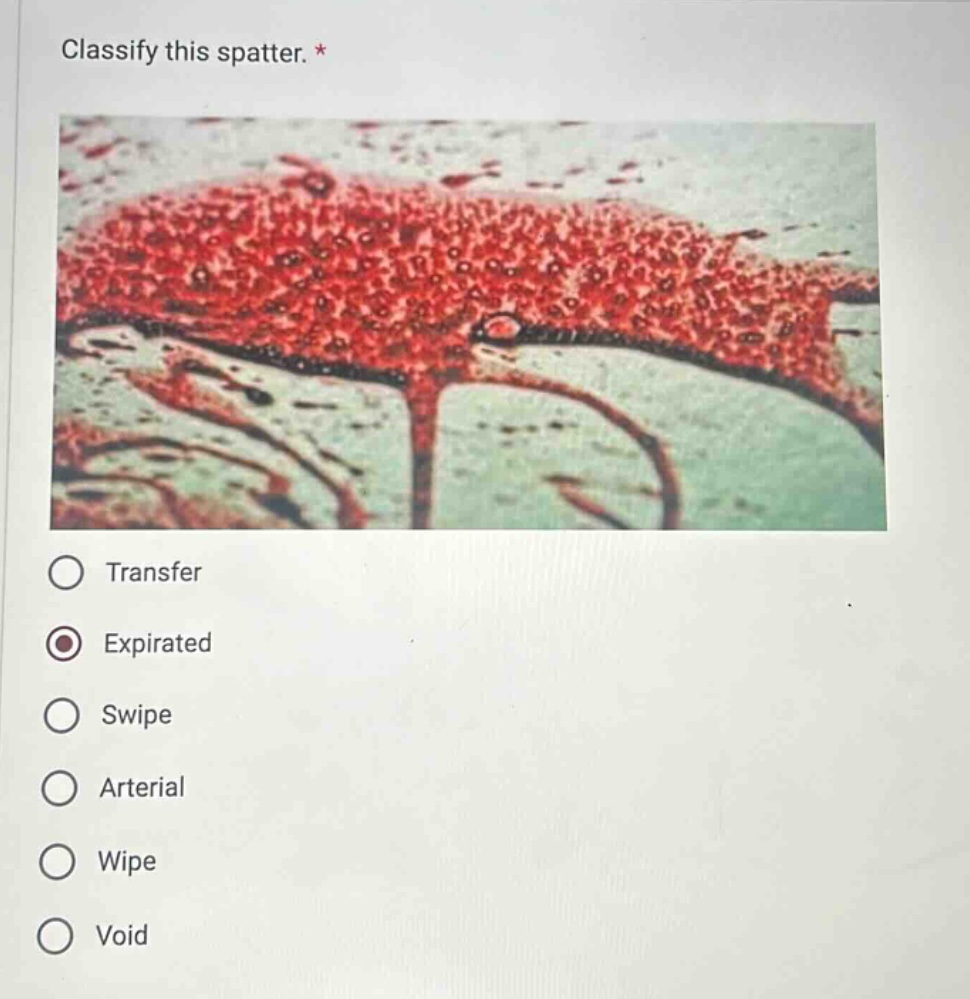 classify this spatter. * transfer expirated swipe arterial wipe void
