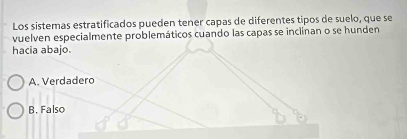 los sistemas estratificados pueden tener capas de diferentes tipos de suelo, que se vuelven especialmente problemáticos cuando las capas se inclinan o se hunden hacia abajo. a. verdadero b. falso