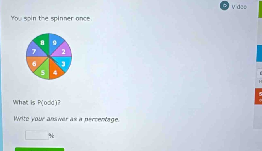 you spin the spinner once. what is p(odd)? write your answer as a percentage. %