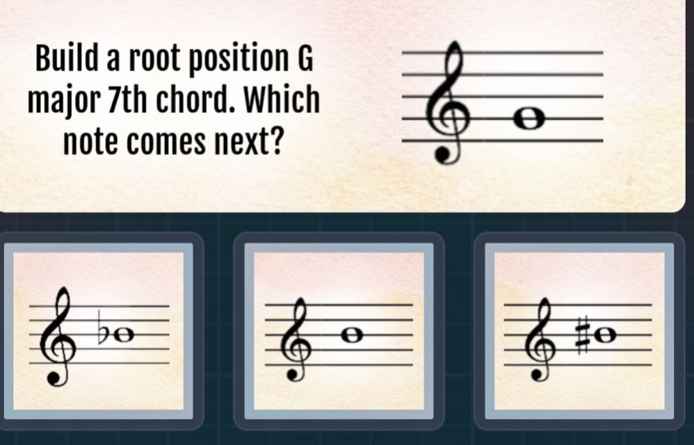 build a root position g major 7th chord. which note comes next?