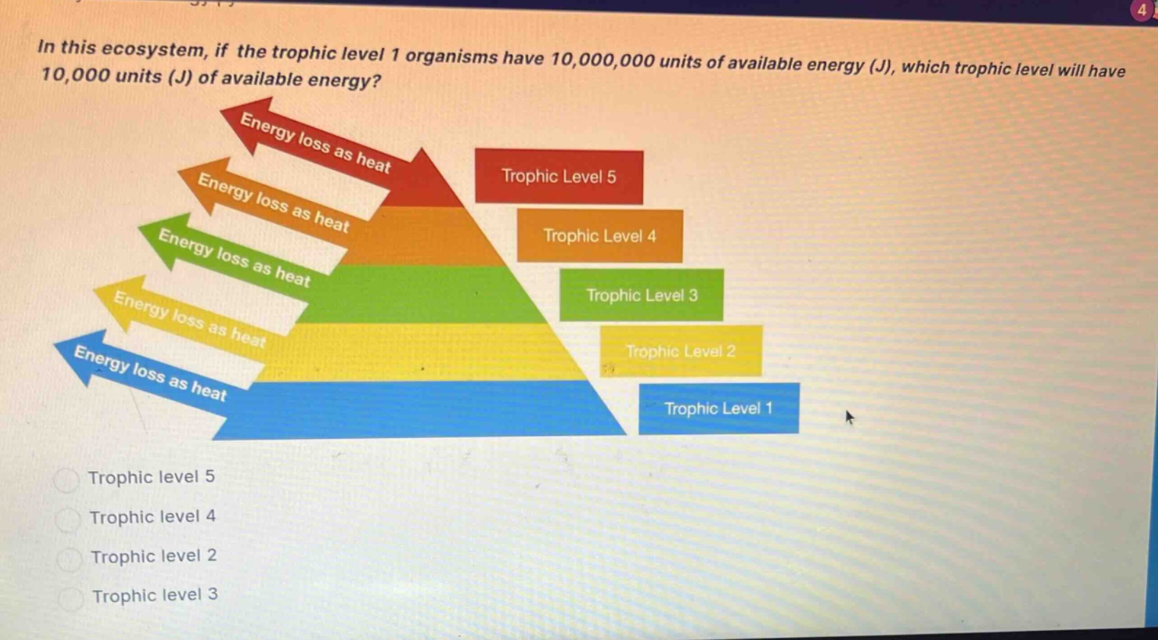 in this ecosystem, if the trophic level 1 organisms have 10,000,000 units of available energy (j), which trophic level will have 10,000 units (j) of available energy? trophic level 5 trophic level 4 trophic level 2 trophic level 3