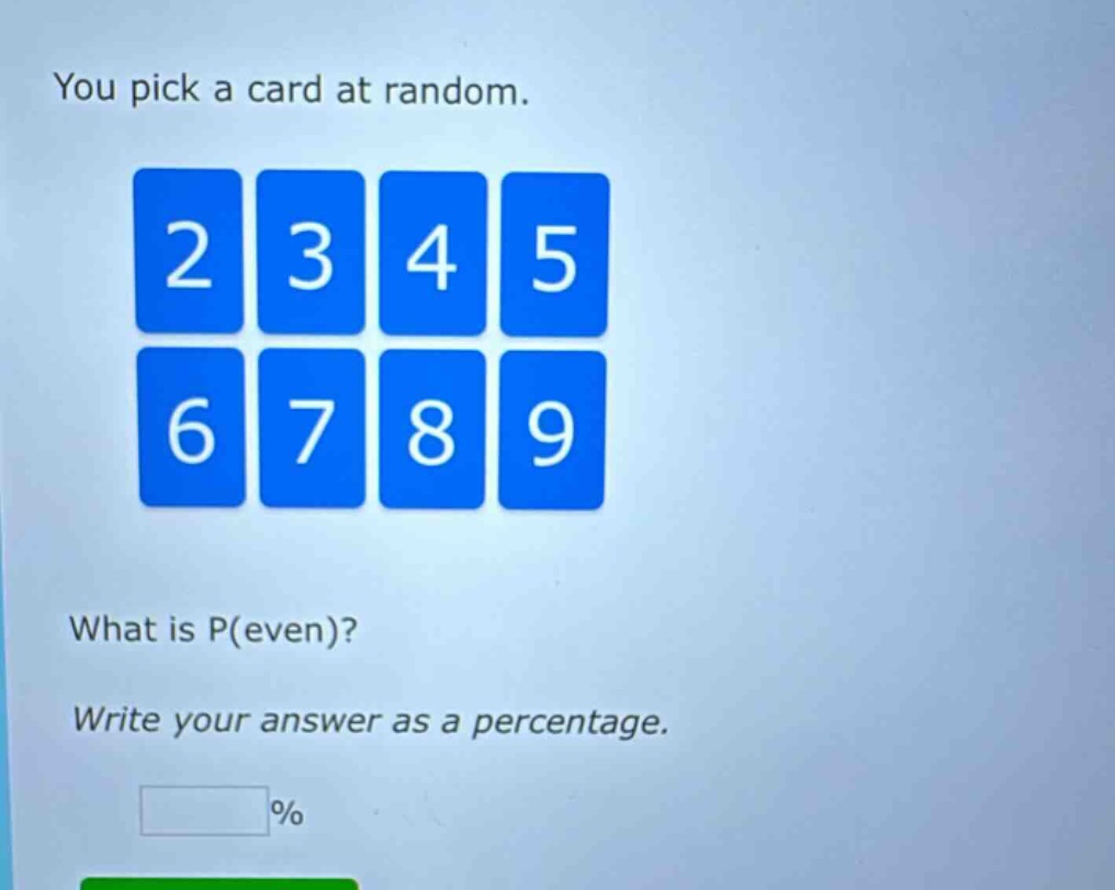 you pick a card at random. what is p(even)? write your answer as a percentage.