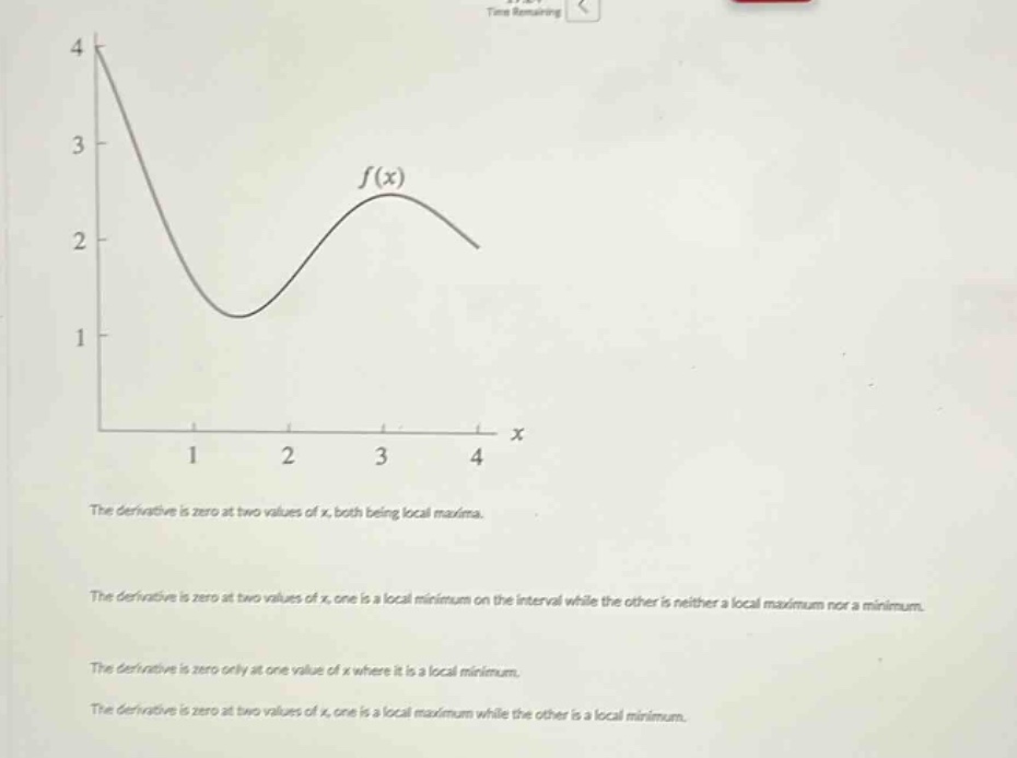the derivative is zero at two values of x, both being local maxima. the derivative is zero at two values of x, one is a local minimum on the interval while the other is neither a local maximum nor a minimum. the derivative is zero only at one value of x where it is a local minimum. the derivative is zero at two values of x, one is a local maximum while the other is a local minimum.