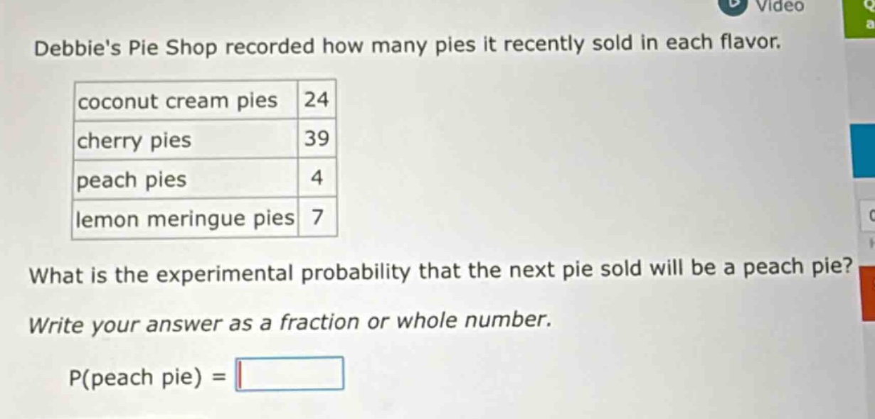 debbies pie shop recorded how many pies it recently sold in each flavor. coconut cream pies 24 cherry pies 39 peach pies 4 lemon meringue pies 7 what is the experimental probability that the next pie sold will be a peach pie? write your answer as a fraction or whole number. p(peach pie) =