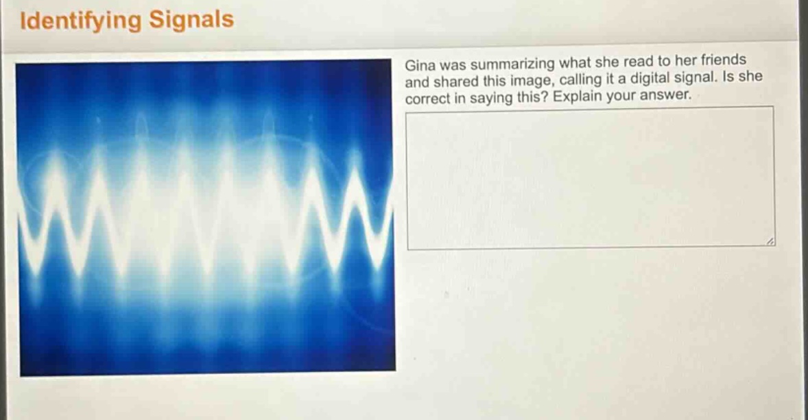 identifying signals gina was summarizing what she read to her friends and shared this image, calling it a digital signal. is she correct in saying this? explain your answer.