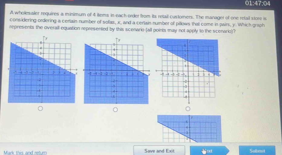 a wholesaler requires a minimum of 4 items in each order from its retail customers. the manager of one retail store is considering ordering a certain number of sofas, x, and a certain number of pillows that come in pairs, y. which graph represents the overall equation represented by this scenario (all points may not apply to the scenario)?