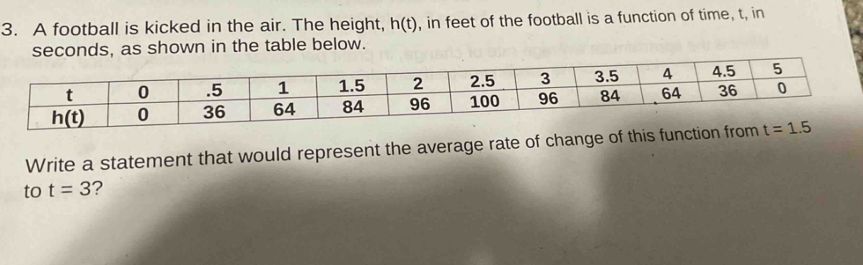 3. a football is kicked in the air. the height, h(t), in feet of the football is a function of time, t, in seconds, as shown in the table below.\n| t | 0 |.5 | 1 | 1.5 | 2 | 2.5 | 3 | 3.5 | 4 | 4.5 | 5 |\n| h(t) | 0 | 36 | 64 | 84 | 96 | 100 | 96 | 84 | 64 | 36 | 0 |\nwrite a statement that would represent the average rate of change of this function from t = 1.5 to t = 3?