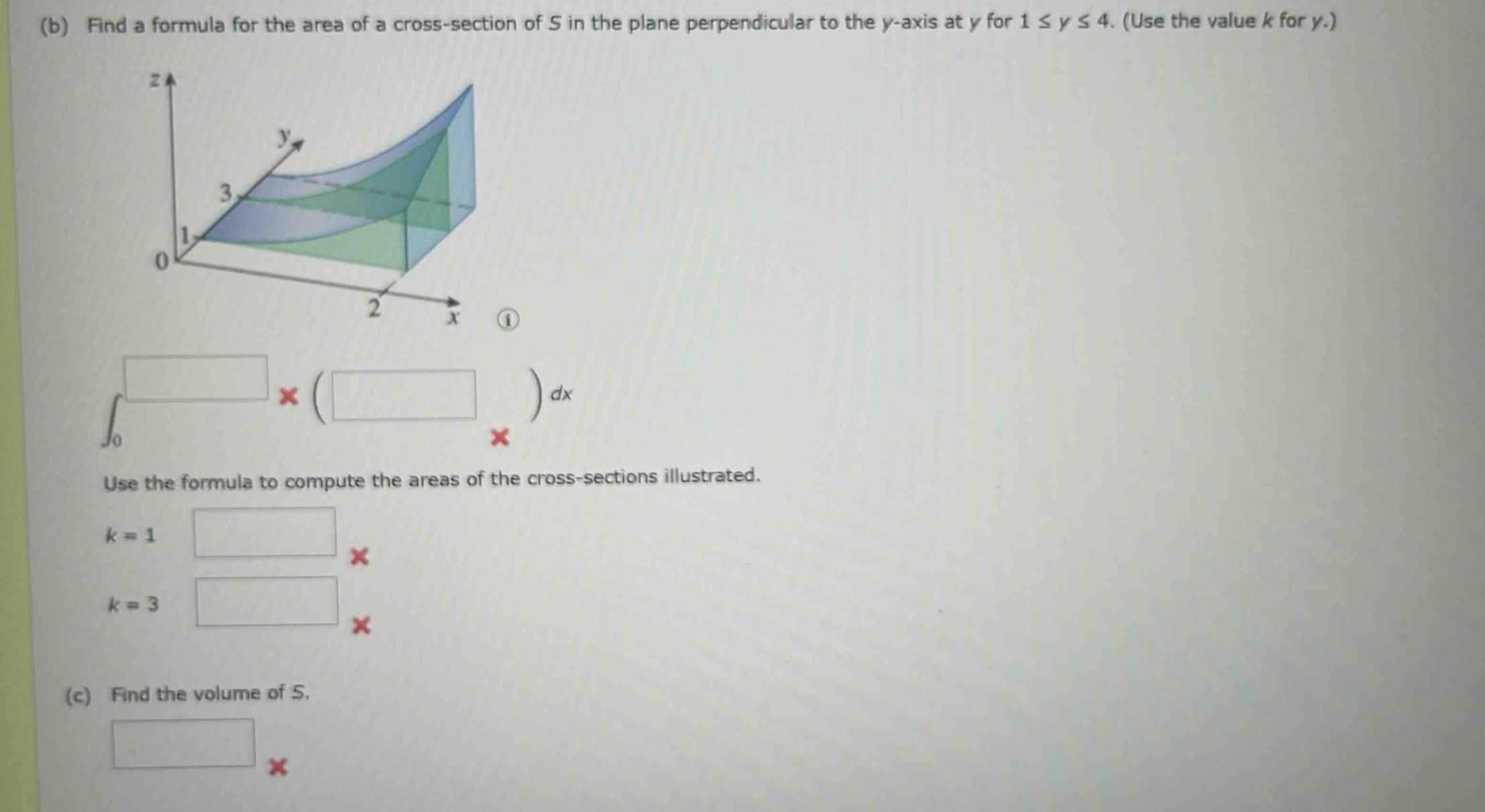 (b) find a formula for the area of a cross - section of s in the plane perpendicular to the y - axis at y for 1 ≤ y ≤ 4. (use the value k for y.) use the formula to compute the areas of the cross - sections illustrated. k = 1 k = 3 (c) find the volume of s.