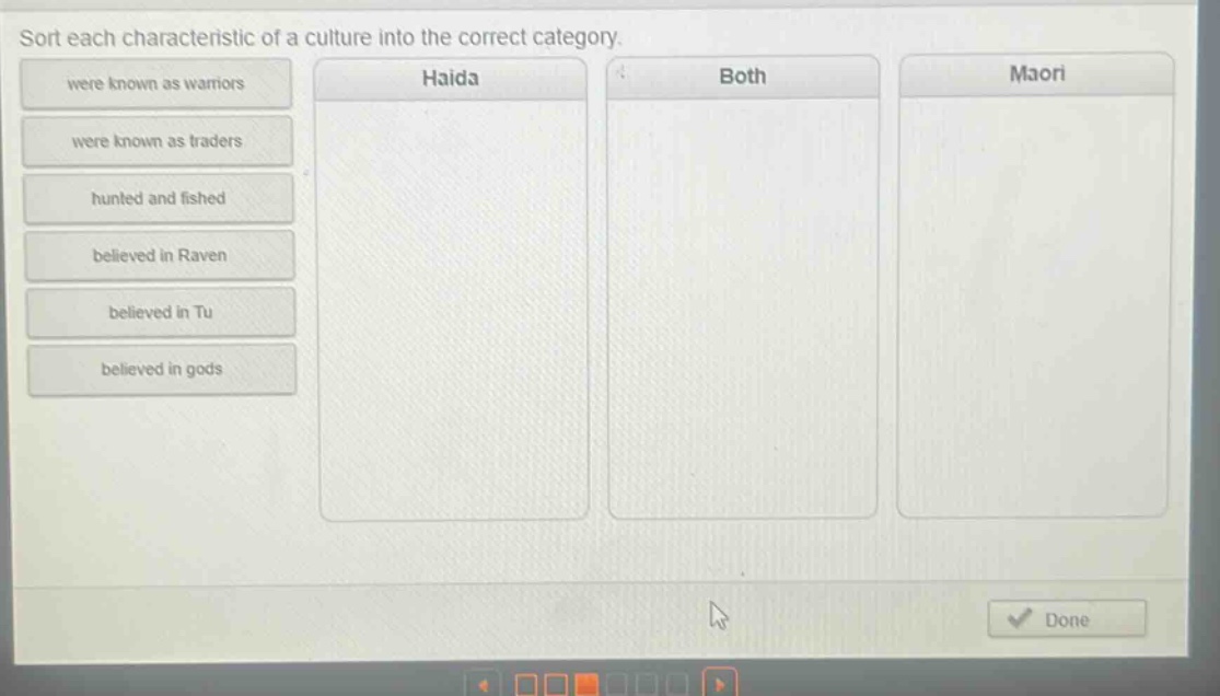sort each characteristic of a culture into the correct category. were known as warriors were known as traders hunted and fished believed in raven believed in tu believed in gods